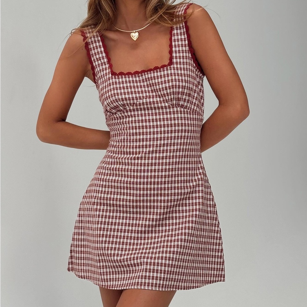 Princess Polly Dasha Red Check Mini Dress - Gingham Square-Neck - Size 0